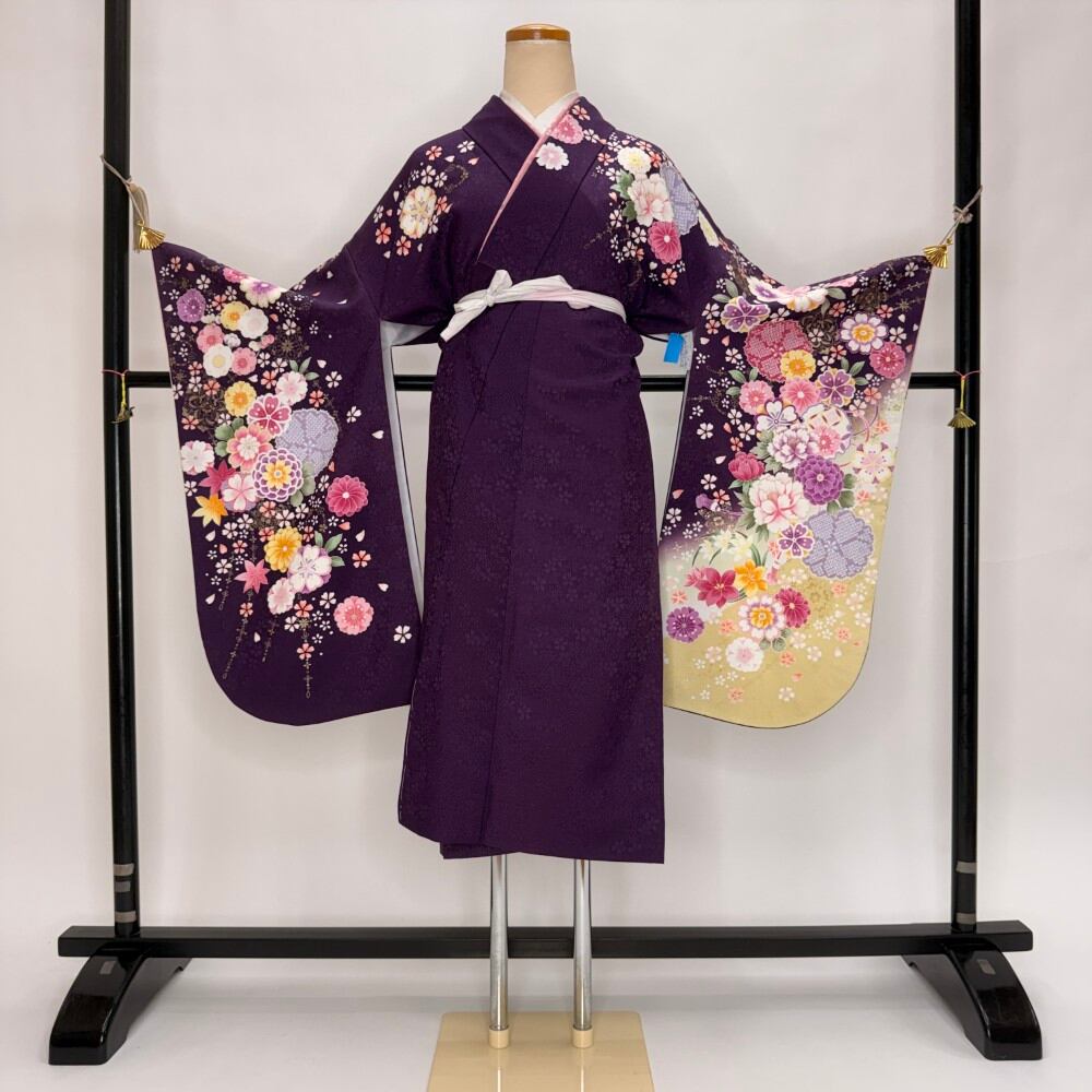 二尺袖 単品 卒業式着物 紫 裄68.5cm Lサイズ 袴用着物 化繊 中古 5819