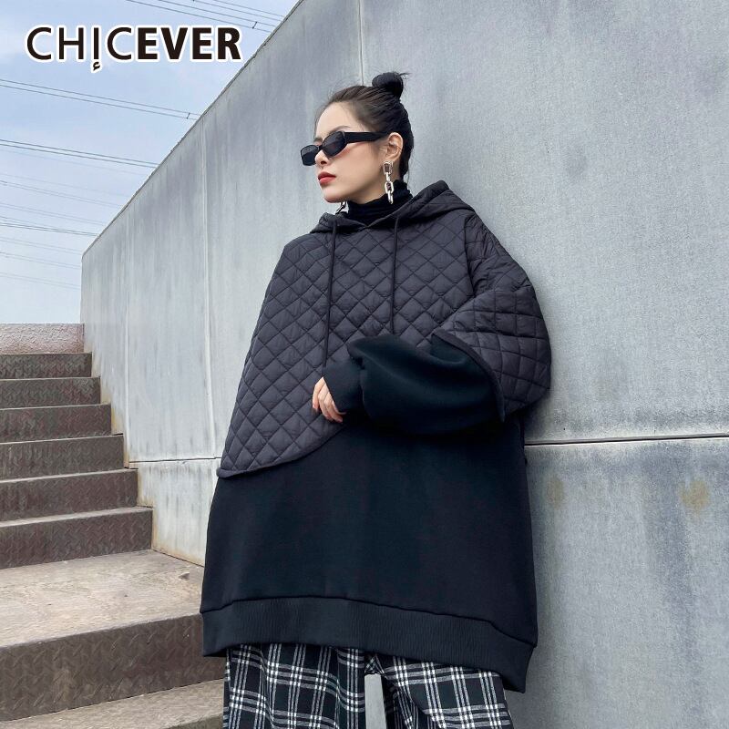 CHICEVERブラックスウェットシャツレディースフード付きカラー長袖ルーズコットンパッチワークヒットカラープルオーバー2021 ロング 6base557037462144