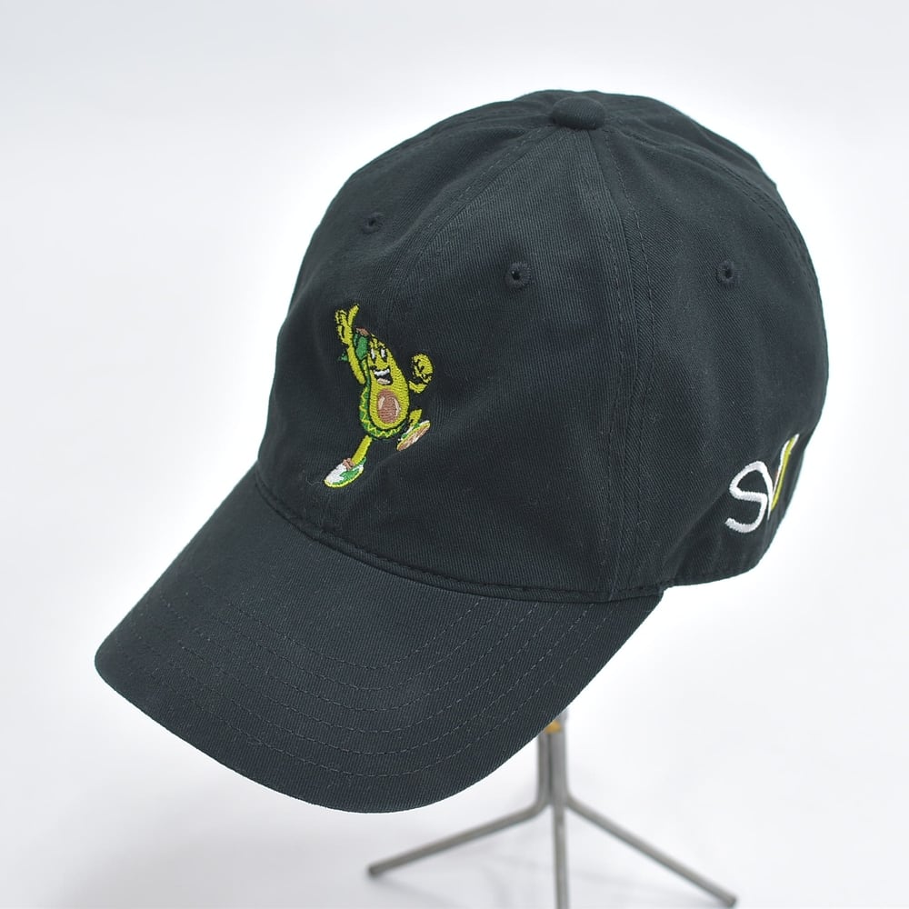 00s EXPLOSION caps エクスプロージョン キャップス 6パネル ベースボールキャップ アボカド キャラクター 刺繍 企業 古着 メキシコ ブラック USED ヴィンテージ メンズ レディース