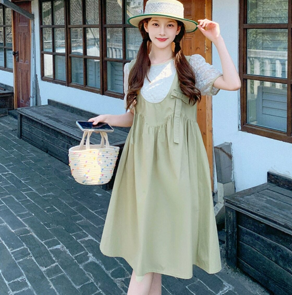 ワンピース】 ワンピース 春 夏 無地 レトロ 半袖 五分袖 20代 30代