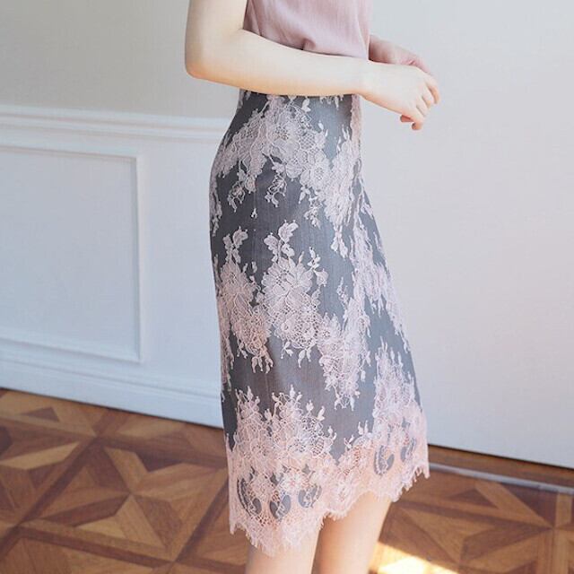 レディース タイトスカート ソフト配色 レース 膝丈 ミドル丈 スリット グレー×ピンク S/M/L/XL