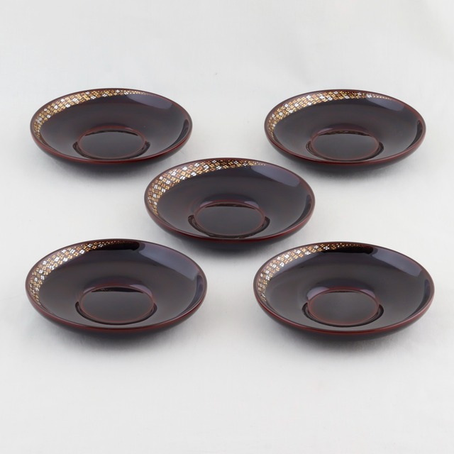 1624  輪島塗　茶托／4.2ダルマ形／溜塗／小華沈金／五枚組