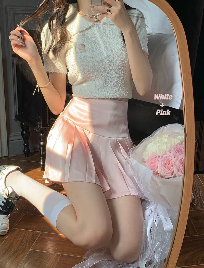 ハイウェストウェストスリムショートスカート サマーAラインプリーツ ピンク 大人ガーリー スウィート キュート カジュアル 夏物 モンロー56599970516