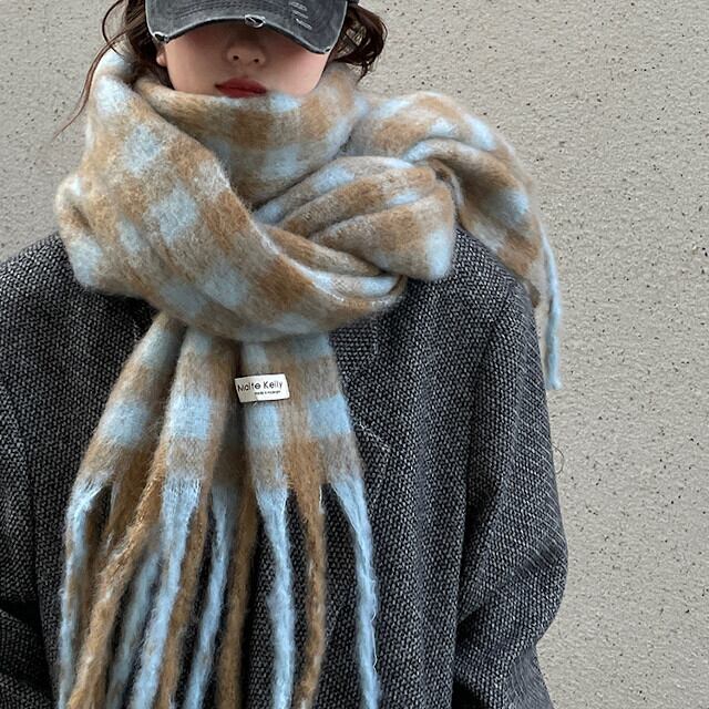 ストール マフラー レディース ショール チェック柄 秋冬 防寒 あたたかい おしゃれ かわいい 大人 大ぶり 大判 カジュアル ブルー/イエロー