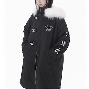 ファーエッジフーディドッグボーンストラップブラックモッズコート(lli_6396)