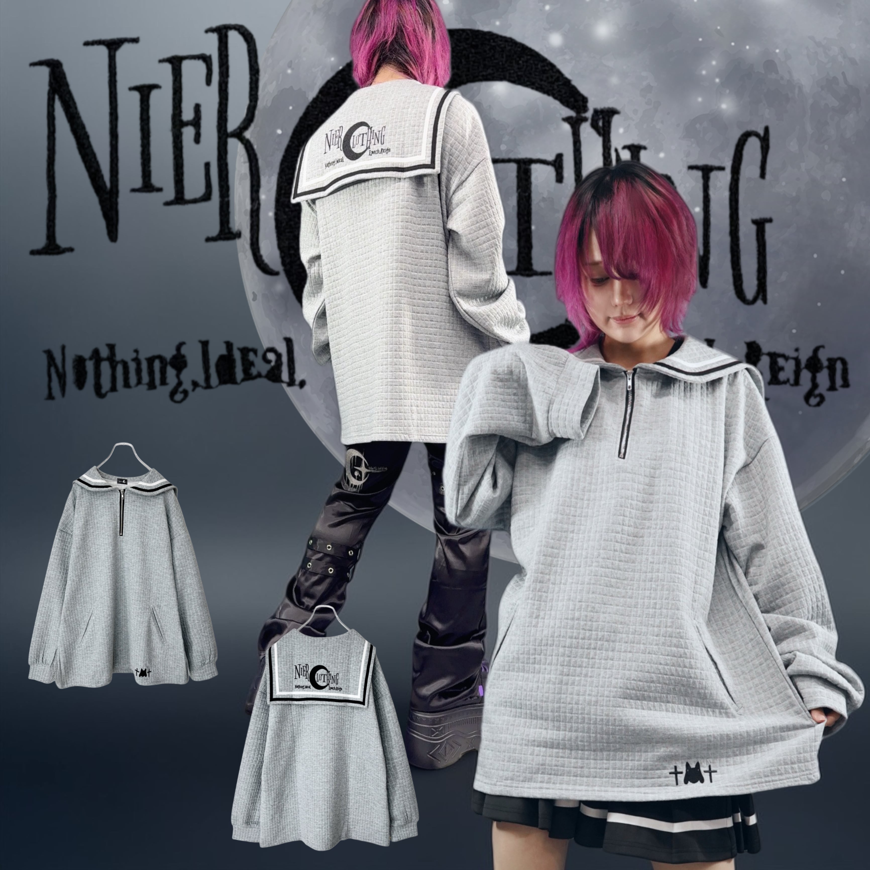 UNISEXセーラー襟ハーフZIPワッフルトップス【GRAY】 | NIER CLOTHING