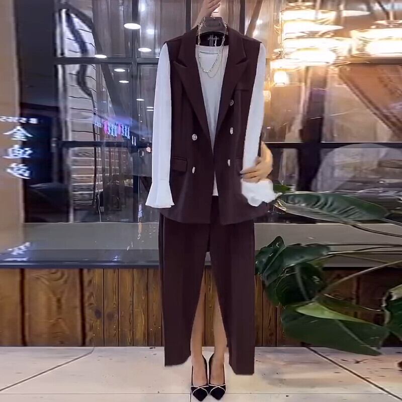 2020年秋新作プラスサイズレディースルーズチョッキ長袖Tシャツファットシスターmmネットバージョンパンツスリーピーススーツ ミックスインファッション45767242469