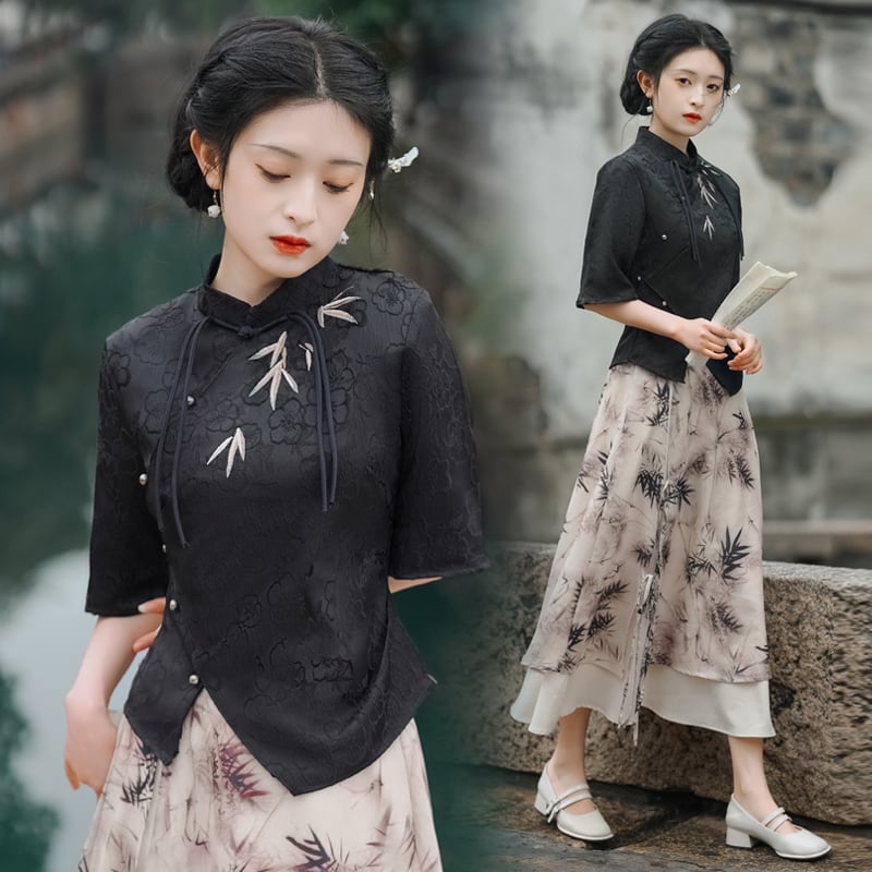 チャイナ風ブラウス+スカート 二点セット 刺繍 竹 改良型漢服 