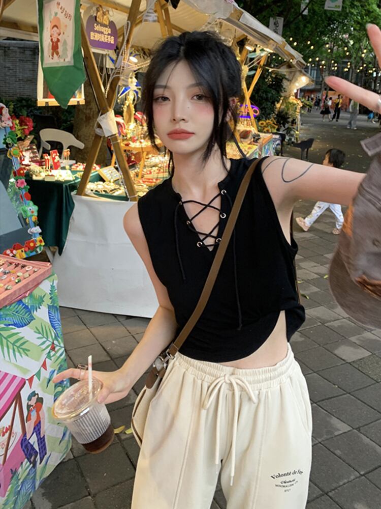 レースアップ トップス ノースリーブ タイト シンプル セクシー 韓国ファッション 3color Luluca 韓国トレンドファッション Luluca ルルカ