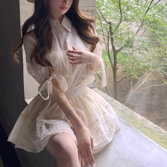 フラワーモチーフシアーシャツセットアップ