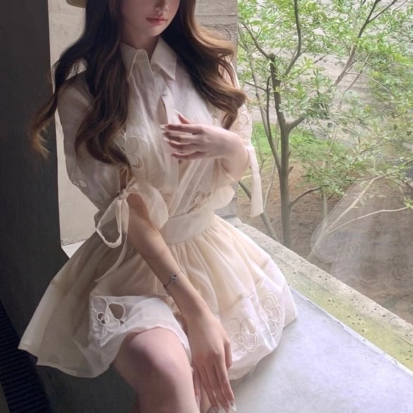 フラワーモチーフシアーシャツセットアップ