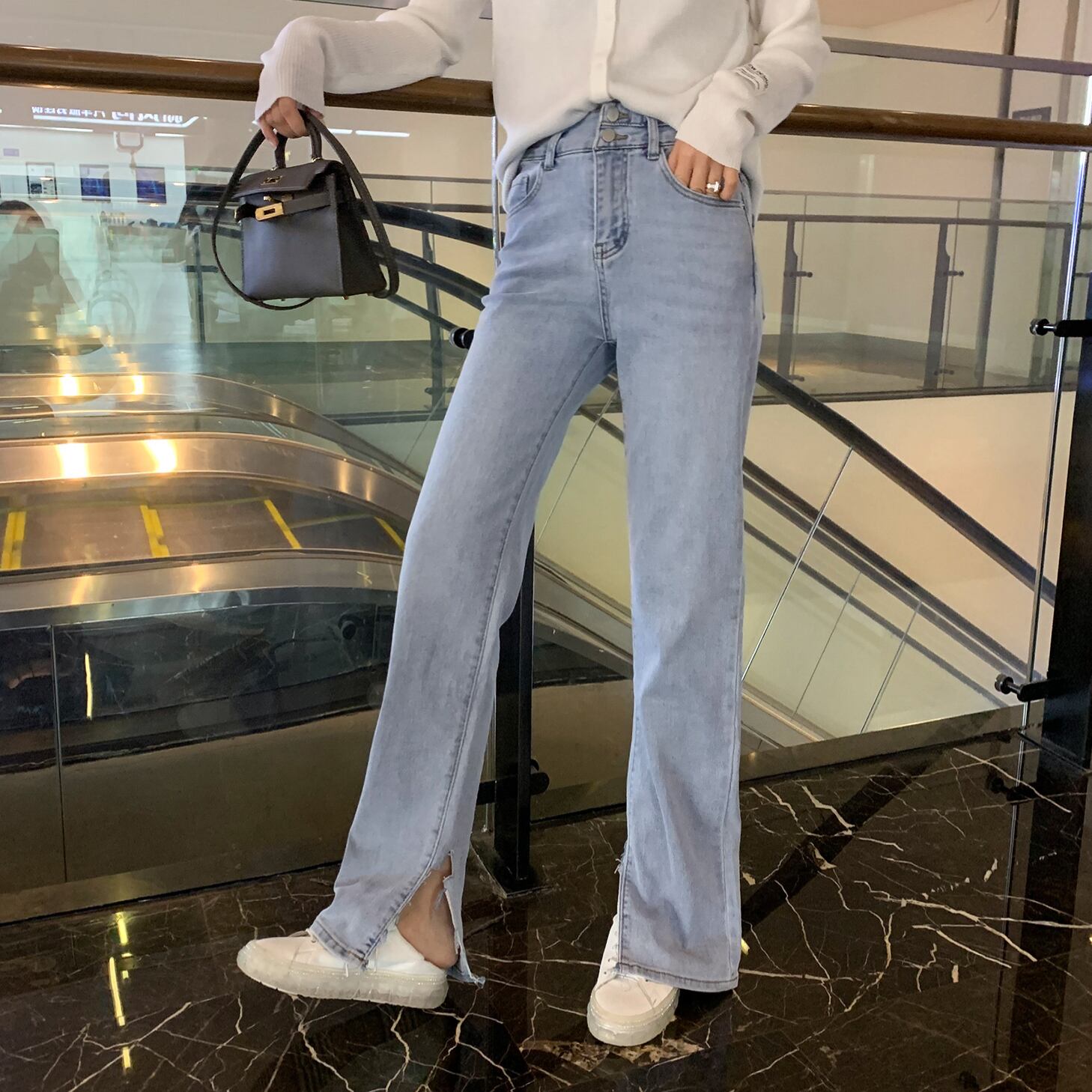 スプリングスタイルハイウェストウェストサイドスリットワイドレッグジーンズ レディースルーズカジュアルパンツ 春物 ワイドパンツ 6Du_Shop_Women34874714737