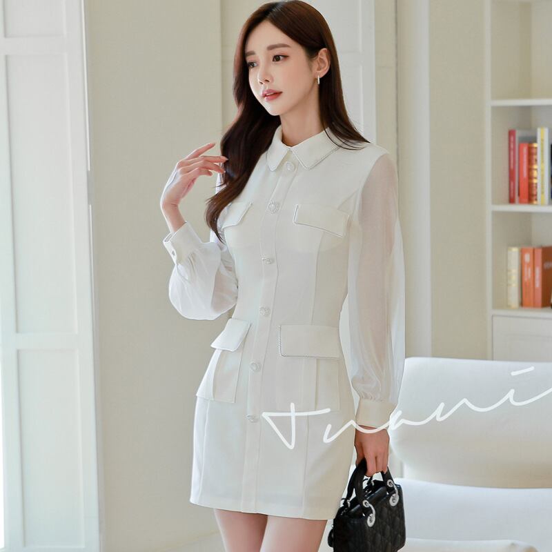 【新作】【送料無料】 2023 春の新スタイル韓国スタイルスリムフィットスプライシングシャツ襟ファッションシングルブレストドレス女性のための 0280694382537