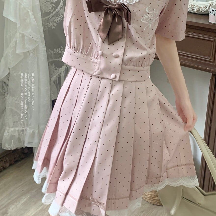 量産型クラロリ 夏服セーラー服 水玉 くすみピンク プリーツスカート