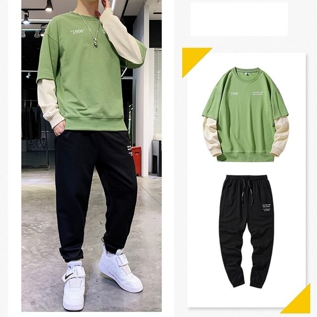 予約販売】メンズ セットアップ 上下 重ね着風 ブラック オフホワイト