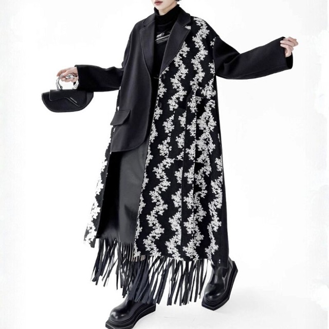 Asymmetric floral long coat C1339