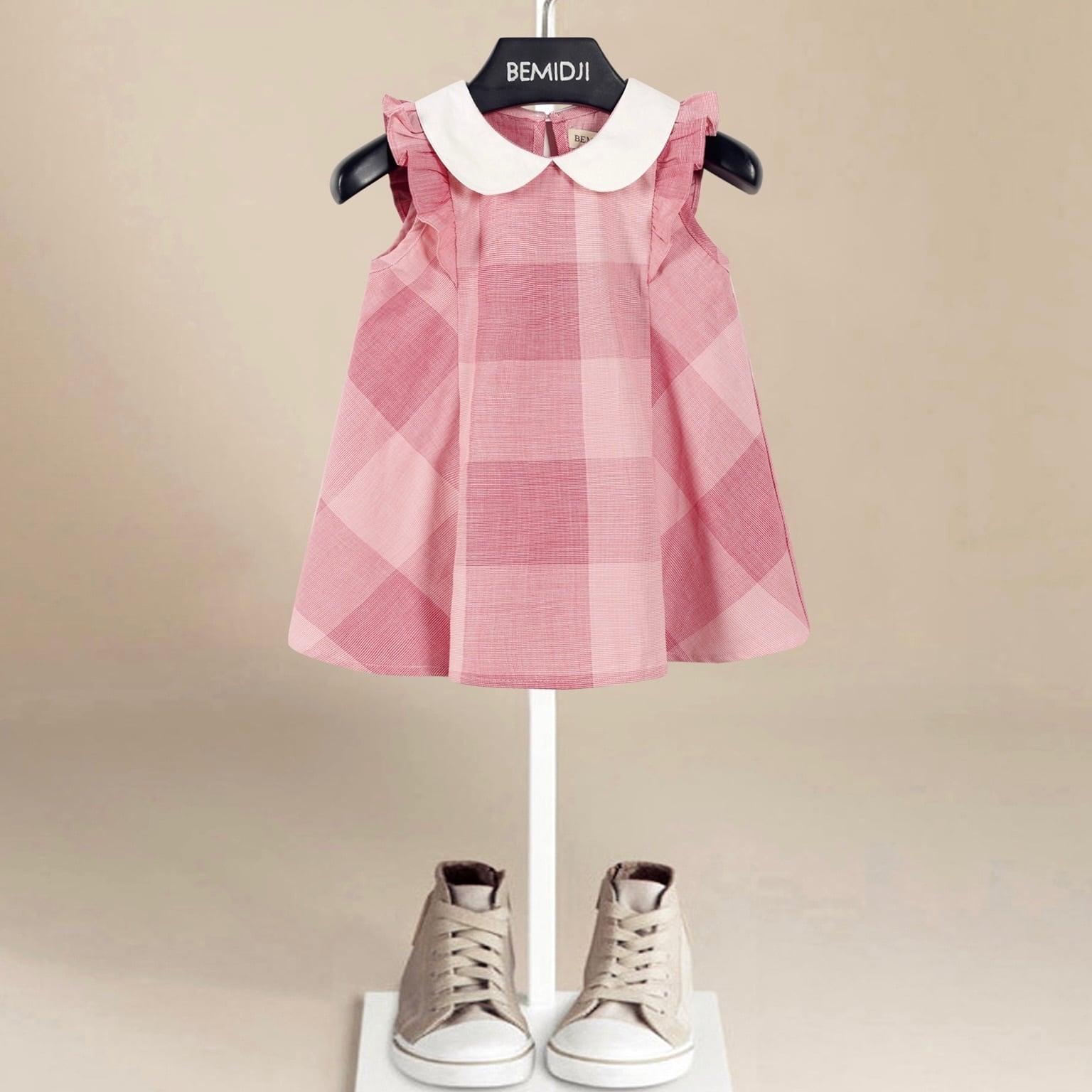 【80-130cm】全3色チェック柄フリルノースリーブワンピース【050613】