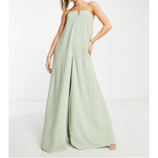 【ASOS DESIGN】オールインワン セージグリーン ノッチフロント ワイドパンツ