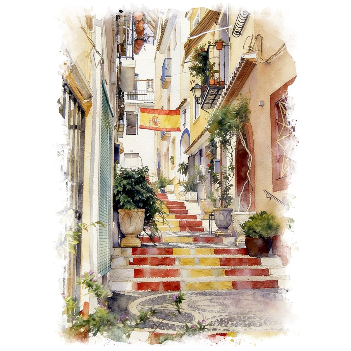 絵画 スペイン 風景画(街並み) カルプ インテリアアート額付き 水彩画