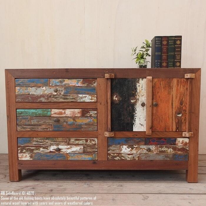 古びた古材のディスプレイボード　古道具　店舗什器　古材　サインボード 一点物 サイドボード 101cm コンソールテーブル ボートウッド 船
