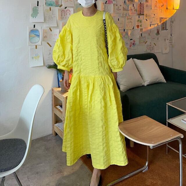 ワンピース レディース ラウンドネック ロング丈 ロングワンピ ボリュームワンピ ボリュームスリーブ ランタンスリーブ フレア イエロー