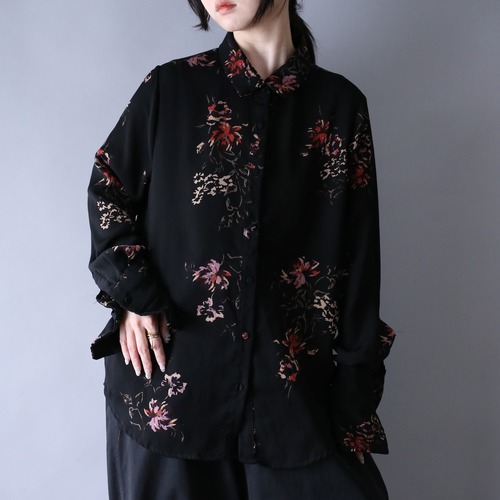 black base dark flower pattern double cuffs dress shirt