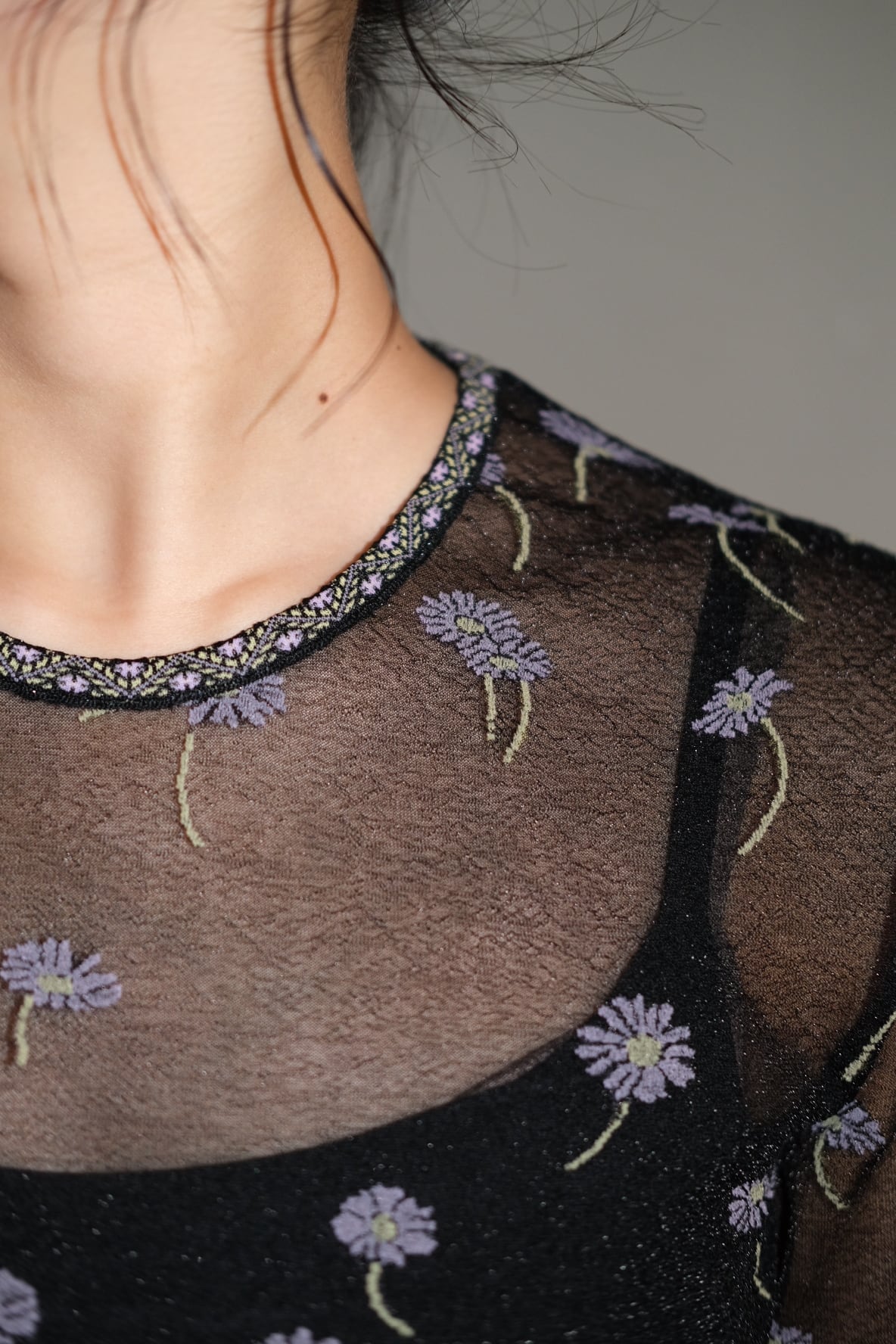 Mame Kurogouchi】Floral Pattern Long Sleeve Sheer Knit Top - black