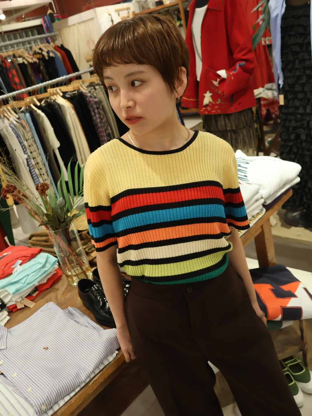multi color striped s/s knit【1806】
