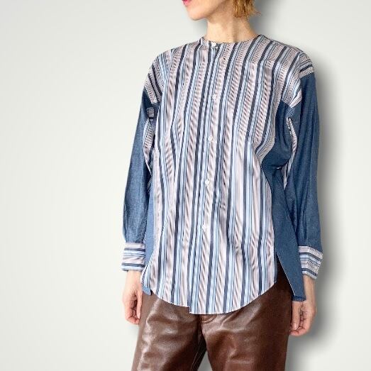 ZOZOTTE remake unisex shirt typeB / リメイクユニセックスシャツ /ストライプ×ブルー