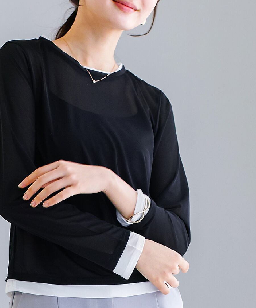 SALE 30％OFF】【 抜け感で魅せる 】 強撚シアー・配色カットソー