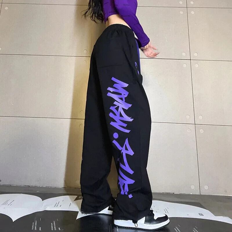 女性 Y2K ストリート黒ジョギングスウェットパンツ原宿落書きプリント