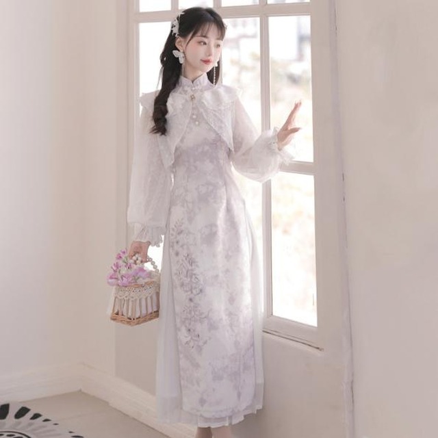 ゴスロリ通販 With U ゴシック ロリィタ ホワイト 華ロリ ツーピース ボレロ ペチコート チャイナドレス 漢服 レトロ 刺繍 花柄 かわいい パーティ 女子会 イベント