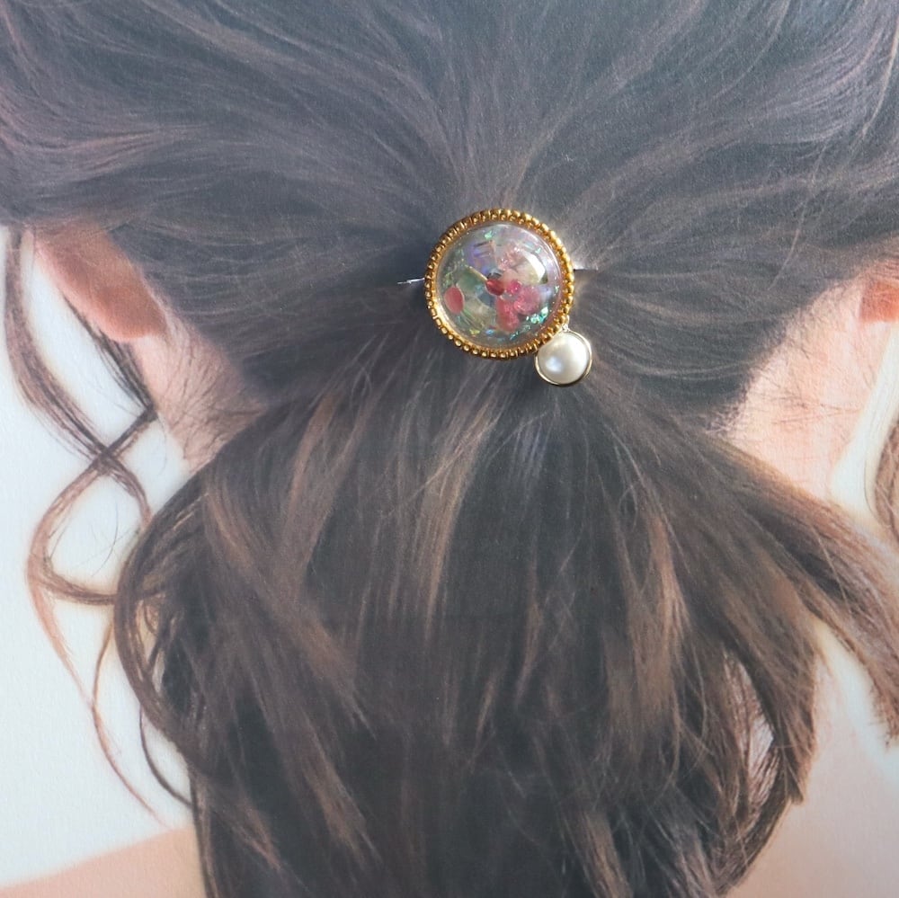 ピンク トルマリン 【石のきもち】 レジン ホログラム ヘアゴム 黒