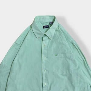 【IZOD】ストライプシャツ ライトグリーン ボタンダウン 刺繍ロゴ 長袖シャツ カジュアルシャツ コットン L ビッグサイズ 春物 US古着