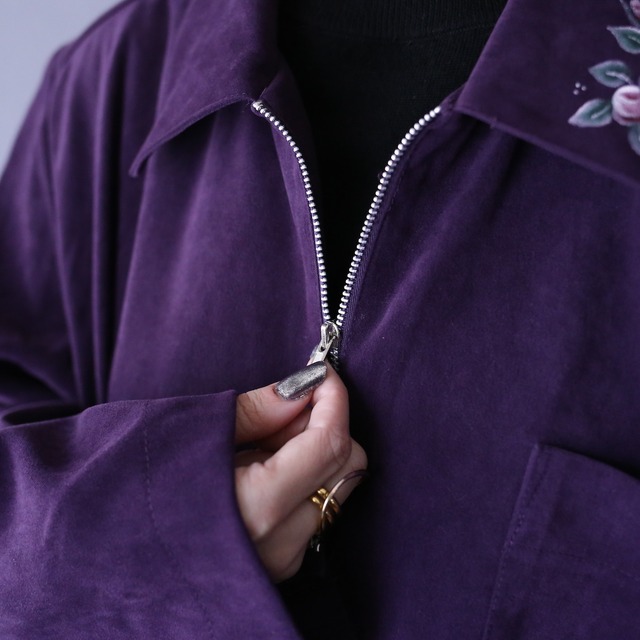 real paint flower and sleeve zip design fake suede zip-up jacket