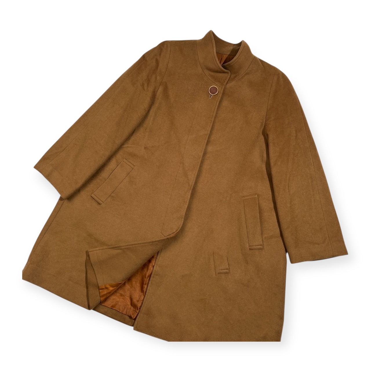 カシミヤ100% Cashmere ハイネック カシミア ウール コート /キャメル/レディース