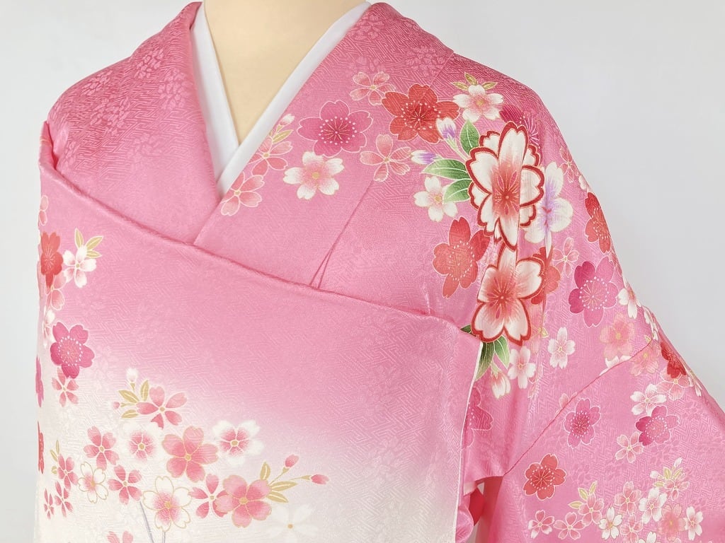 美品 京友禅 刺繍 金彩 振袖 桜 正絹 ピンク 白 紫     Re:和