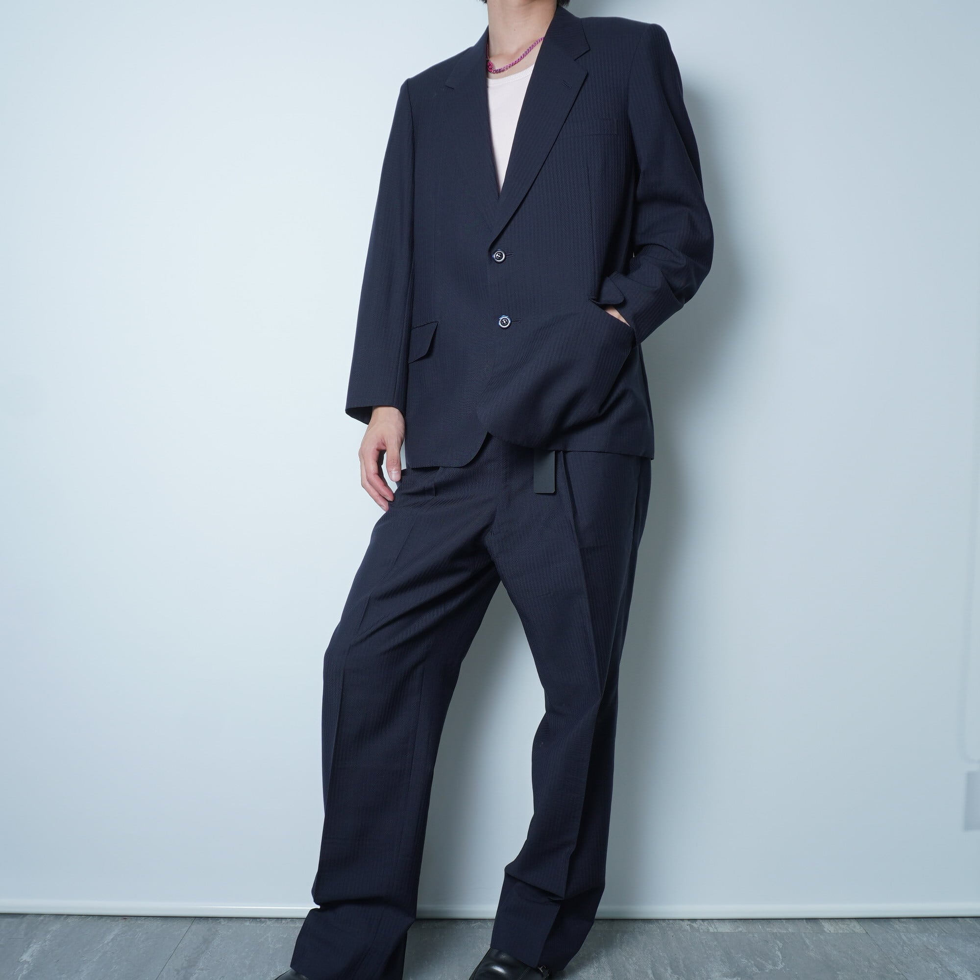 【希少】2020AW サンローランパリシャドーストライプ ダブルセットアップ48 Yves Saint Laurent】イブサンローラン WOOL100%シャドーストライプ
