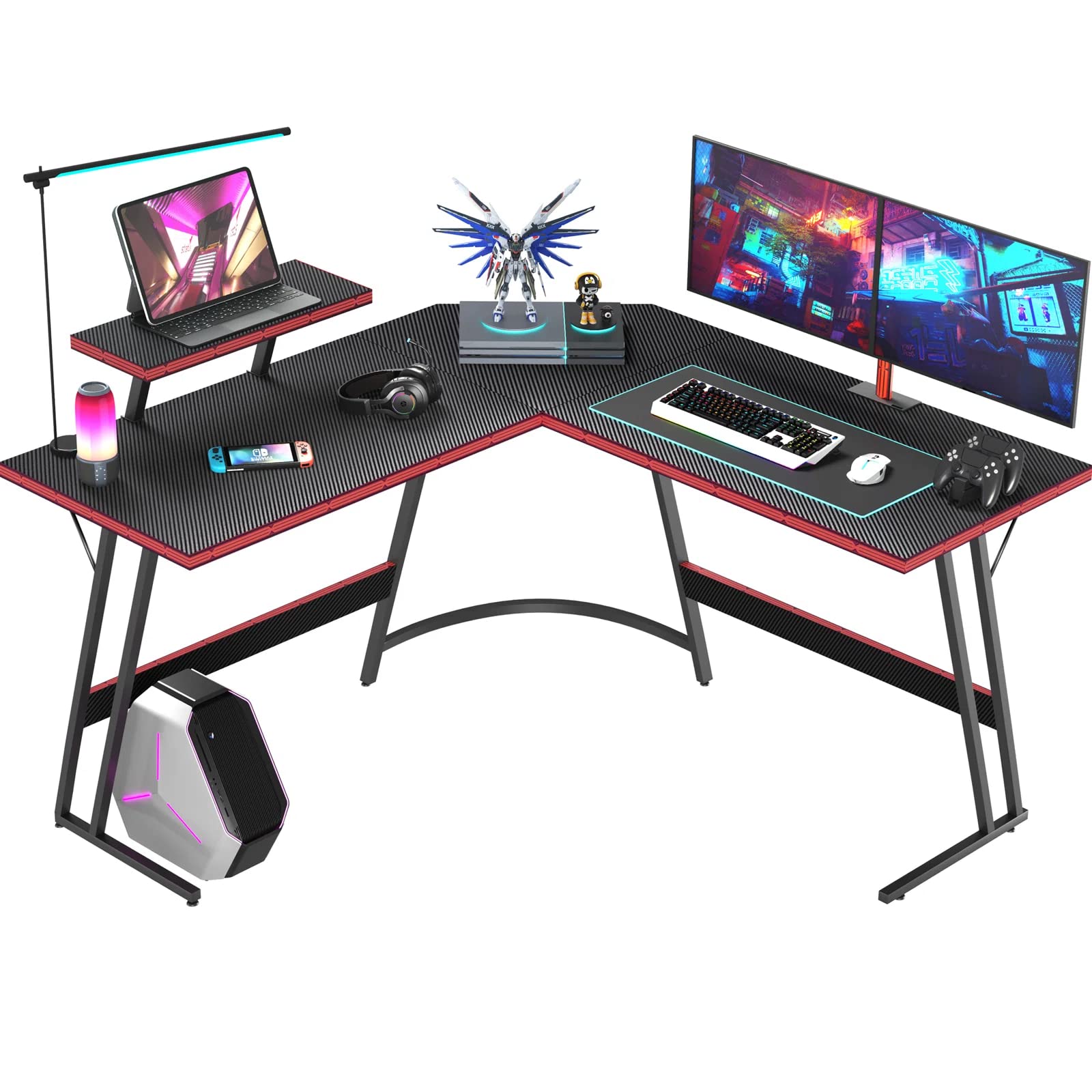 Victone ゲーミングデスク L字型デスク 「メーカー2年保証」 幅130cm USBポート付き 3ポート LED付き パソコンコーナーデスク 作業机 モニター台付き 省スペース カップホルダー フック ネオンブラック (VT-LBKA)