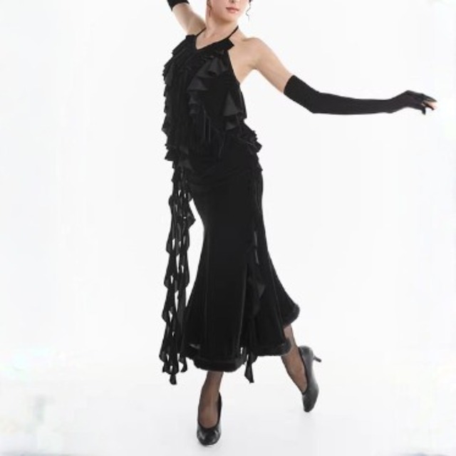 ベルベットフェザートリム ブラック マーメイド ダンススカート 1col　D00624