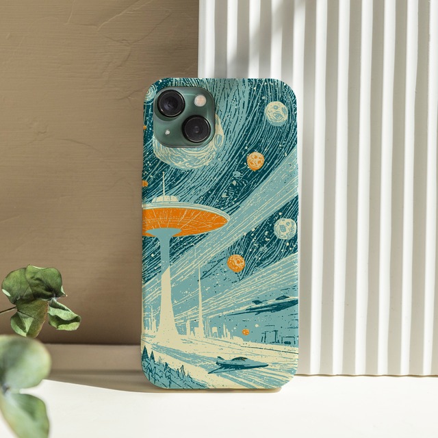 受注生産 iPhoneケース 水色宇宙船と彗星の宇宙柄｜宇宙ポスター風 RFSP055C