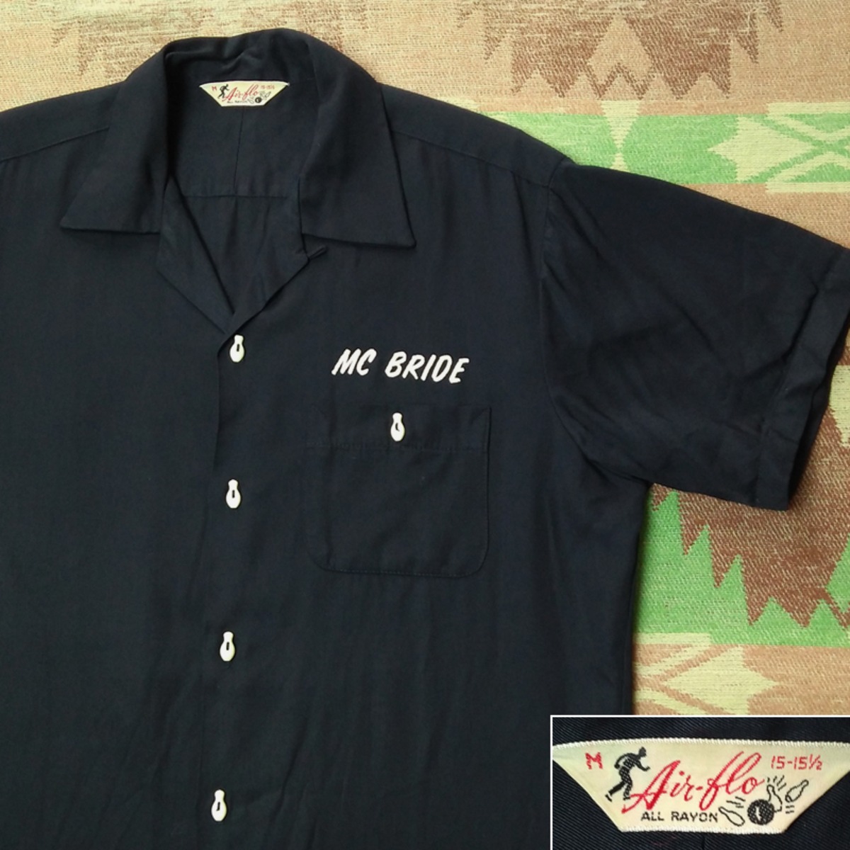 60s Air-Flo Black Rayon Gabardine Bowling Shirt （M） | Wonder 