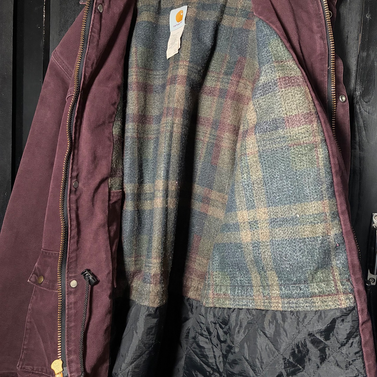 90s USA製　Carhartt ダックジャケット　ワークジャケット　バーガンディ　ブランケットライナー　フェード