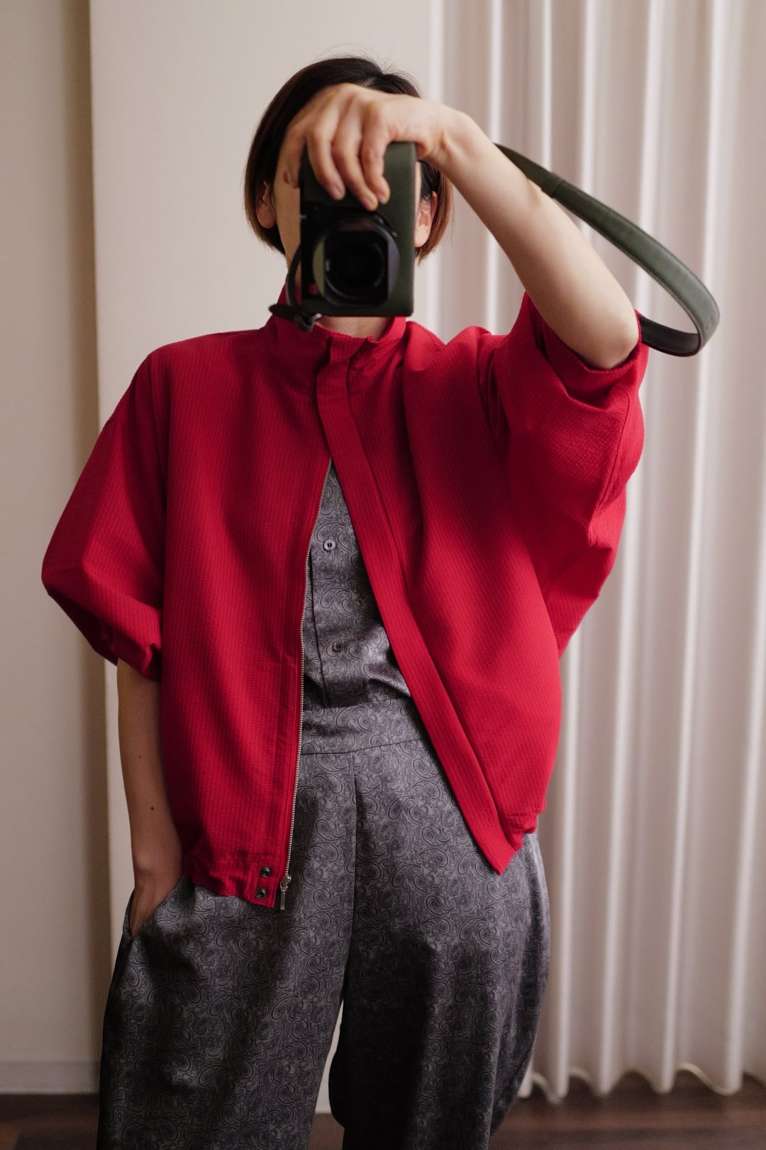 seersucker zip blouson red