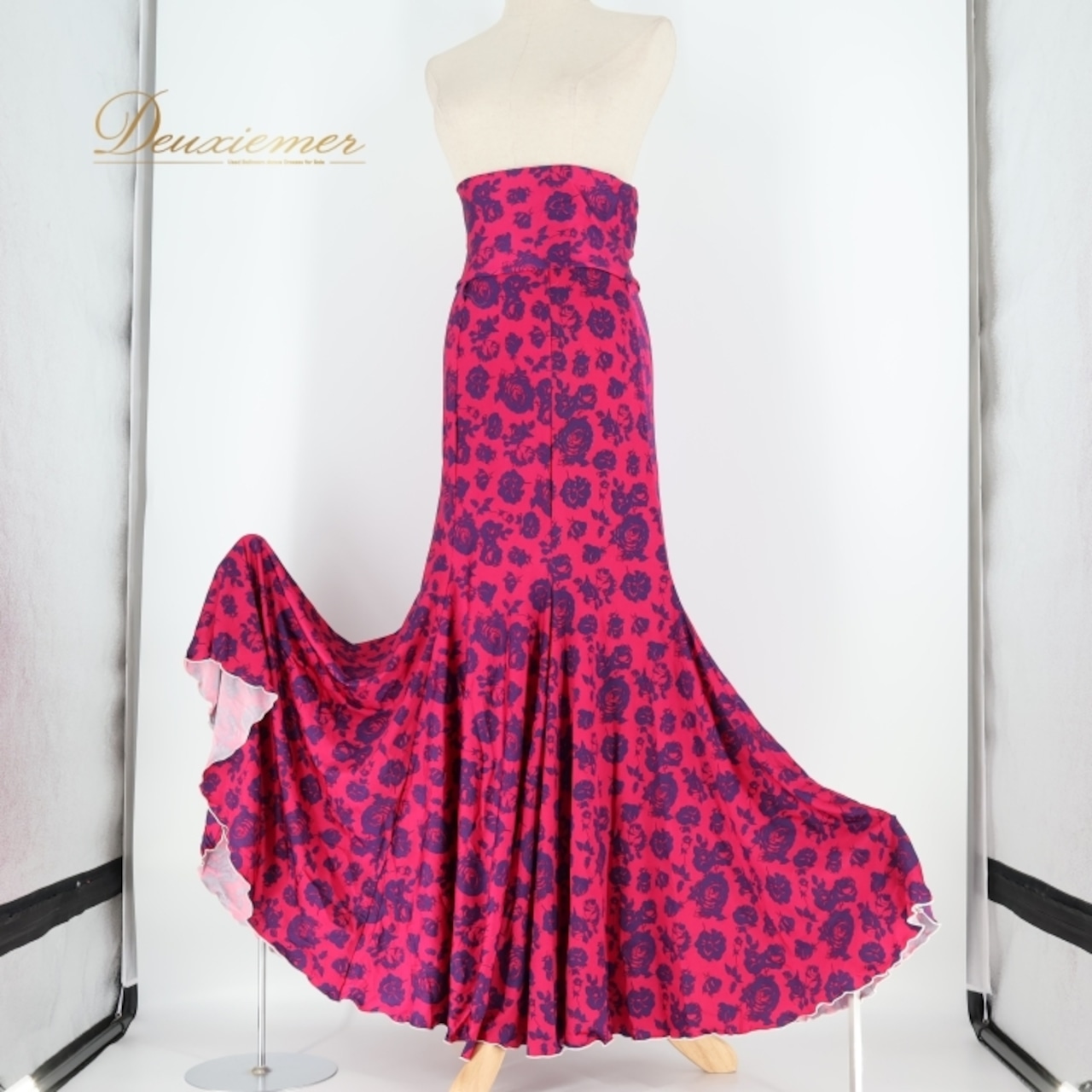 フラメンコ 衣装 ファルダ スカート 紫 ピンク 花柄 伸縮 ハイウエスト ストレッチ 青 紫 レッスン 練習着 ダンス パーティ 発表会 ピンク系 パープル系 動きやすい 華やか エレガント おしゃれ フェスティバル ステージ衣装 女性用