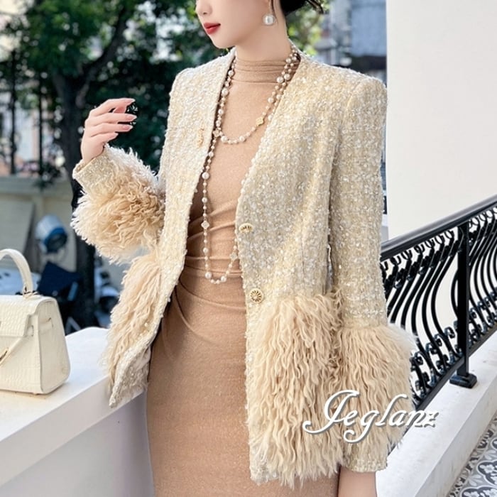 ツイード ニット ジャケット 配色 フリンジ キラキラ 光沢感 ♪ (MB435)τ