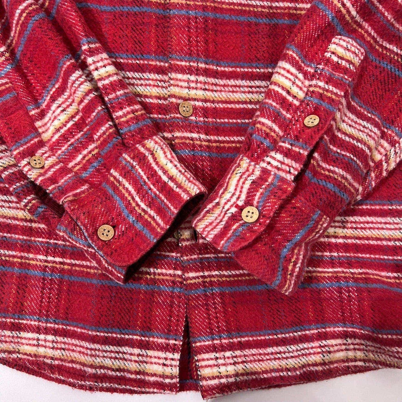 PAPAS パパス 木ボタン コーデュロイ切替 ボーダー 裏チェック 長袖ネルシャツ L/レッド