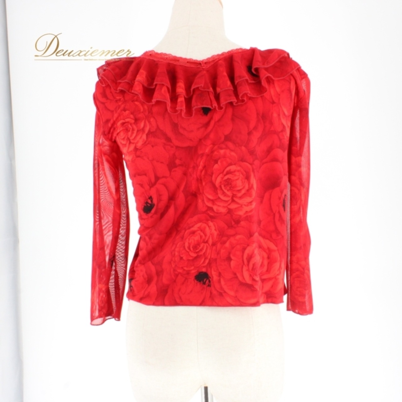 社交ダンス 衣装 スタンダード トップス レッスンウェア Create-Sun クリエイトサン 赤 レッド系 レース フリル 花柄 薔薇 バラ 長袖 鮮やか 存在感 トレーニング ウエア ダンス フェスティバル パフォーマンス セクシー レディス 女性用 フォーマル おしゃれ 軽やか 通気性 ダンスウェア 社交ダンス用