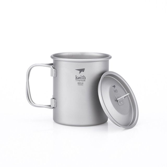  Keith チタンシングルウォールマグカップ　300ml（蓋付き）Single-Wall Titanium Mug with Folding Handle and Li   Ti3201