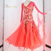 社交ダンス 衣装 PASTIME パスタイム ドレス ワンピース スタンダード ピンク系 レッド系 朱色 ピンク 赤 フリル レース 花柄 フロート ダンス パーティ 発表会 デモ レディース フラワー ダンス衣装 ふんわり
